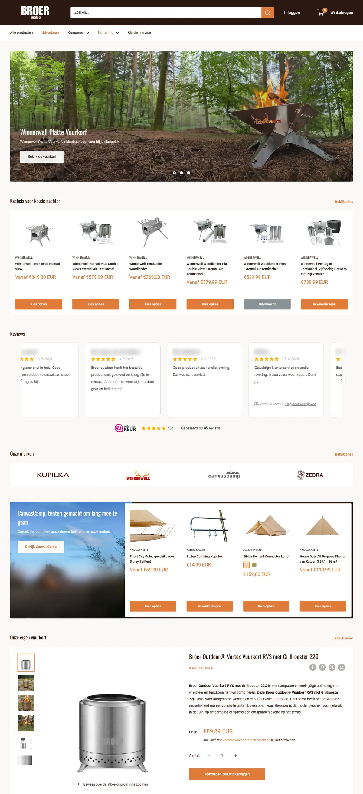 Homepage van Broer Outdoor op een computer: tentkachels, reviews, merken en de eigen vuurkorf.