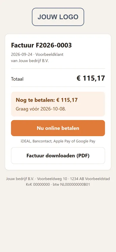 Voorbeeld van de betaalpagina voor de klant op een telefoon: factuur downloaden als pdf en online betalen.
