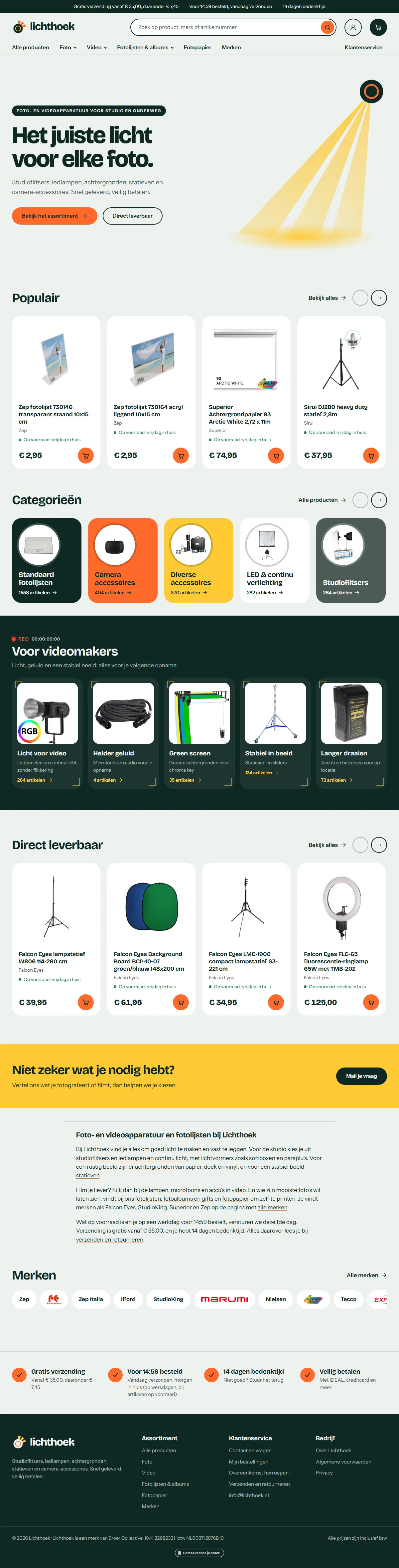 De voorpagina van lichthoek.nl: foto- en videoapparatuur, populaire producten, categorieën, direct leverbaar en merken.