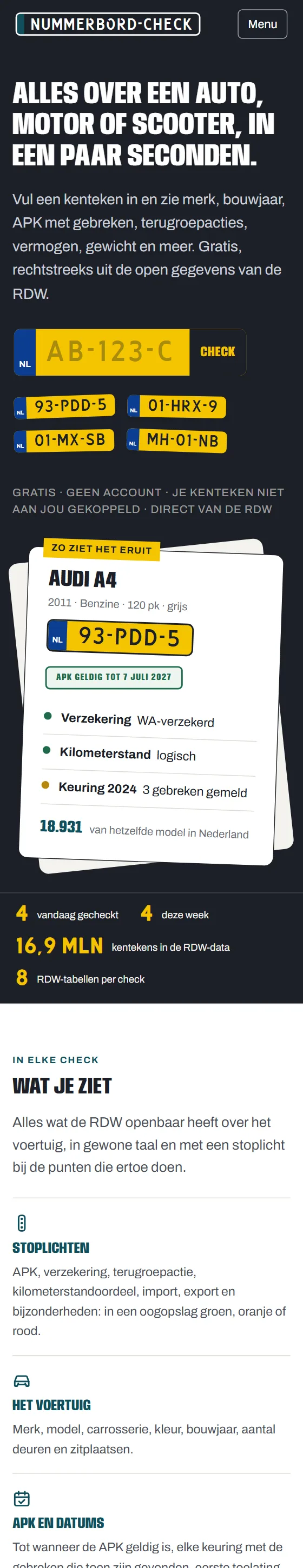 De voorpagina van nummerbordcheck.nl op een telefoon.