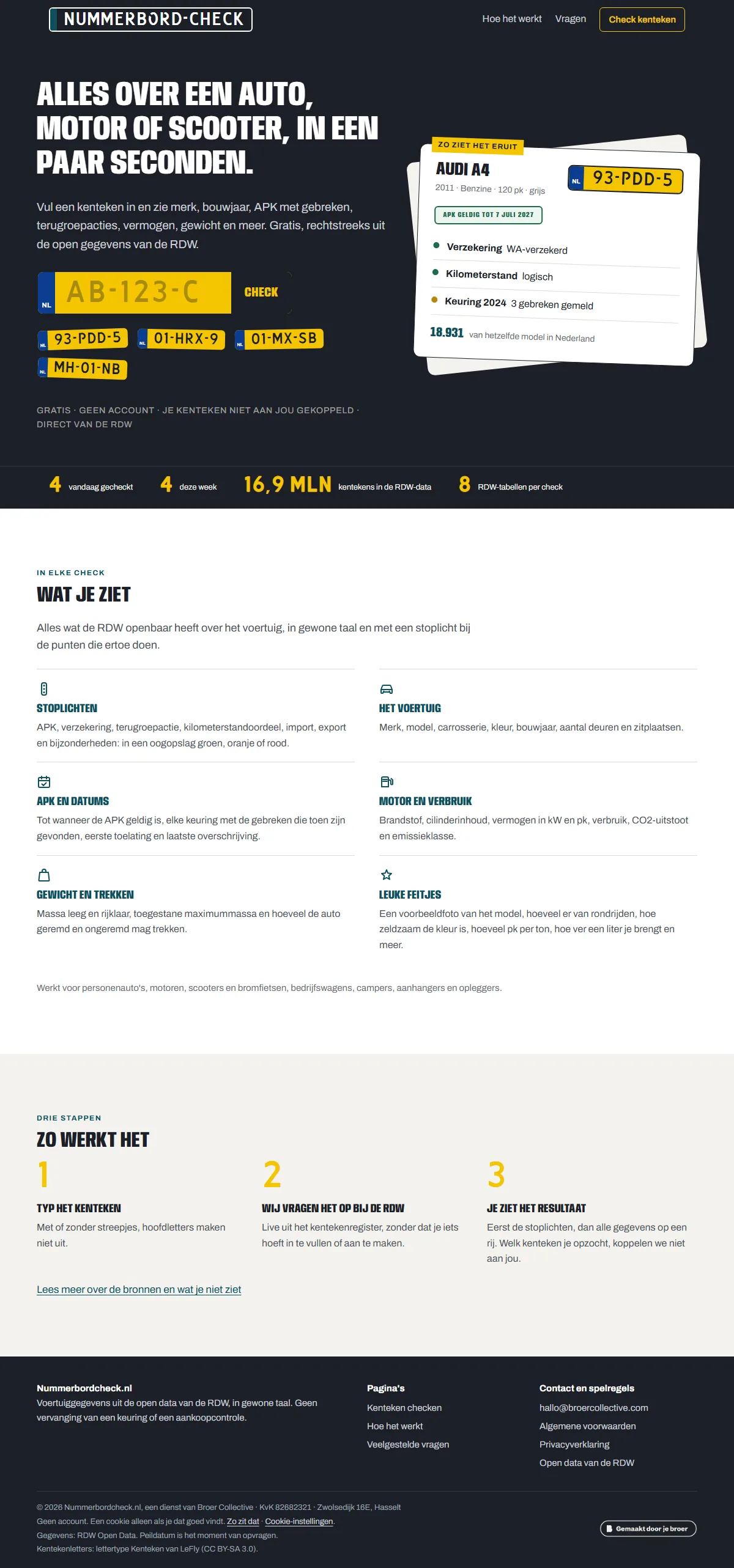 De voorpagina van nummerbordcheck.nl: een gele kentekenplaat als invoerveld, een voorbeeldkaart met stoplichten, en wat je ziet.