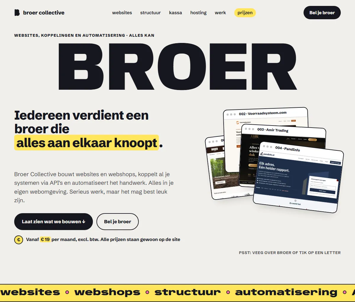 De bovenkant van broercollective.com, deze site, met een eigen beheer.